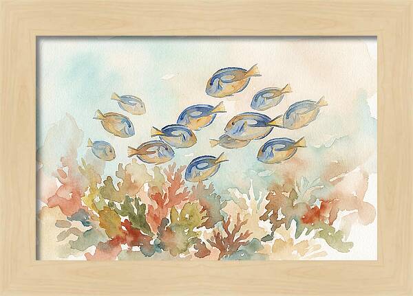 Blue Tang Fish Schooling Over Coral Reef