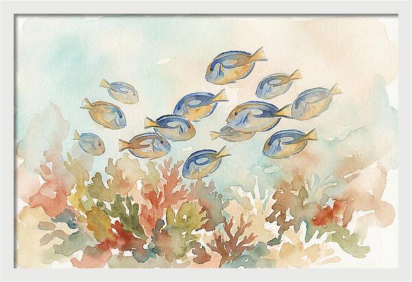 Blue Tang Fish Schooling Over Coral Reef
