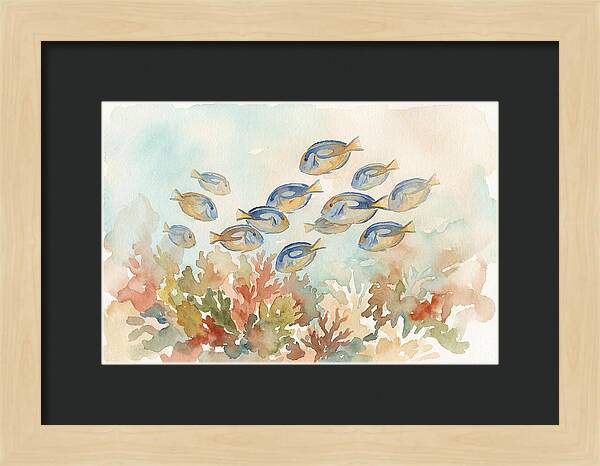 Blue Tang Fish Schooling Over Coral Reef