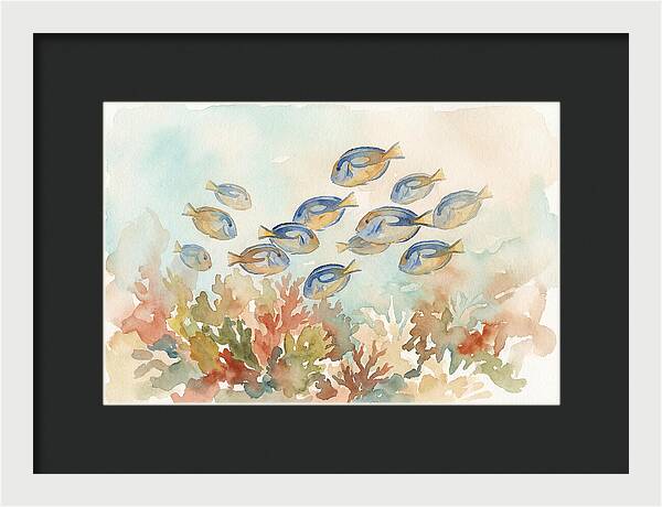 Blue Tang Fish Schooling Over Coral Reef