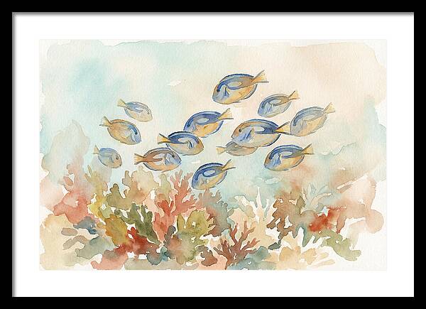 Blue Tang Fish Schooling Over Coral Reef