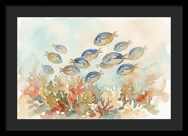 Blue Tang Fish Schooling Over Coral Reef