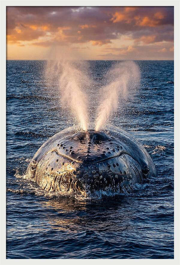 Blue Whale Surfacing At Sunset