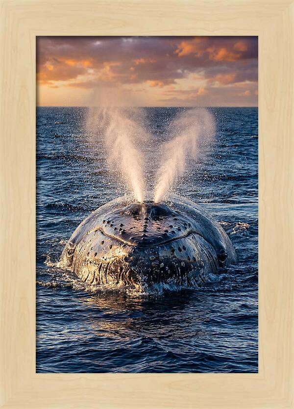 Blue Whale Surfacing At Sunset