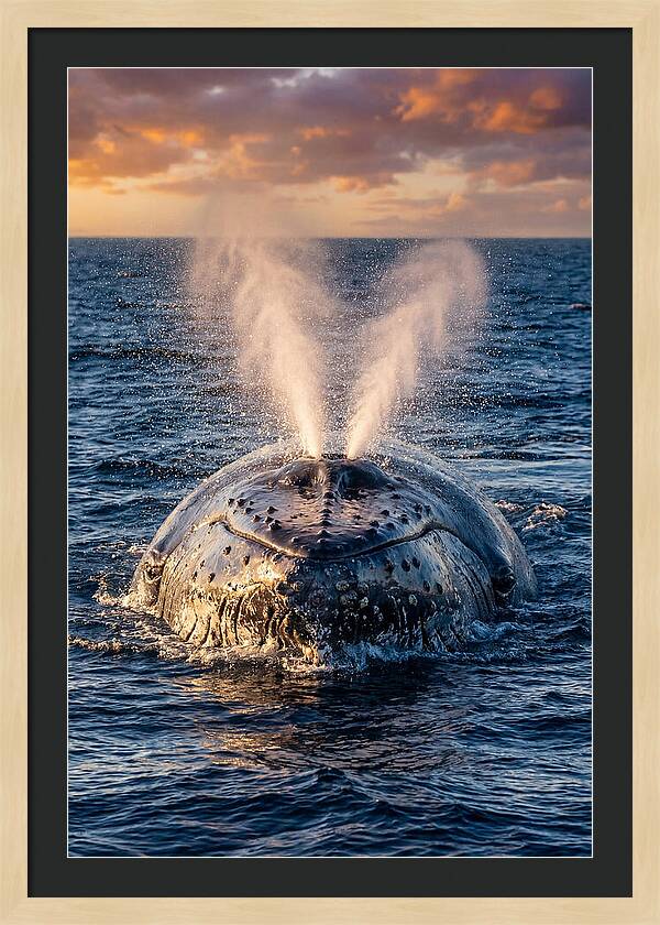 Blue Whale Surfacing At Sunset