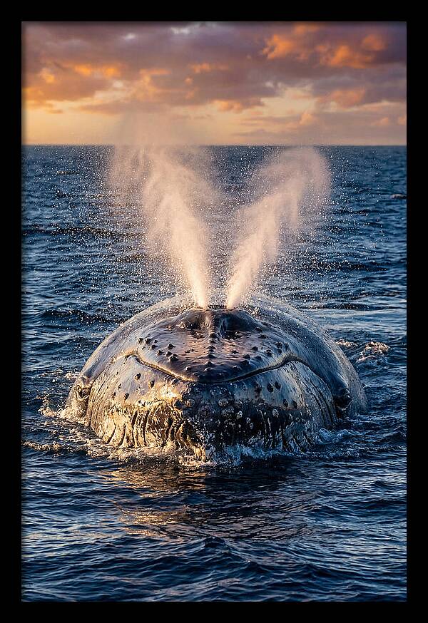 Blue Whale Surfacing At Sunset