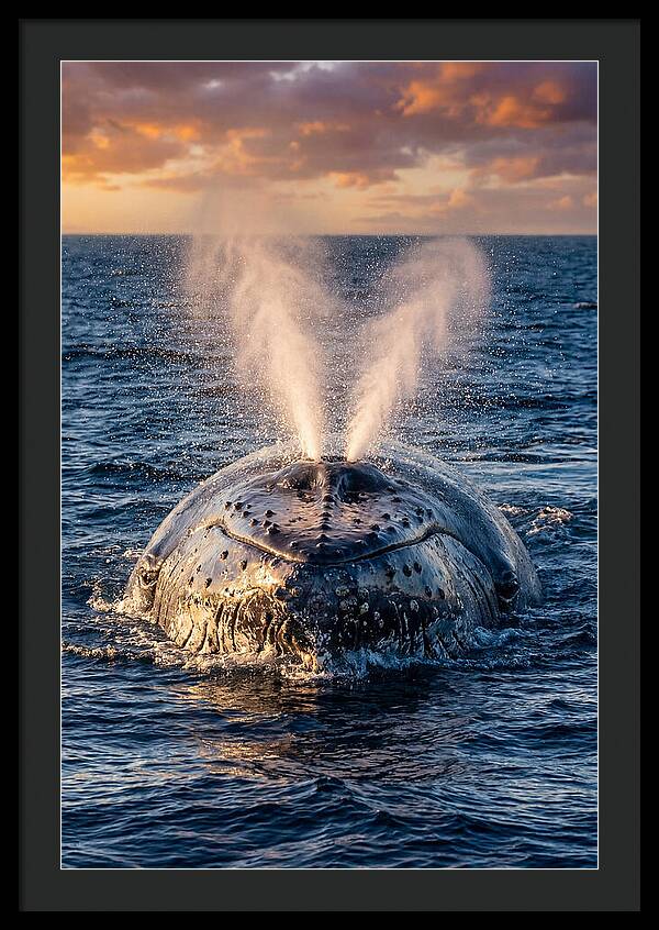 Blue Whale Surfacing At Sunset