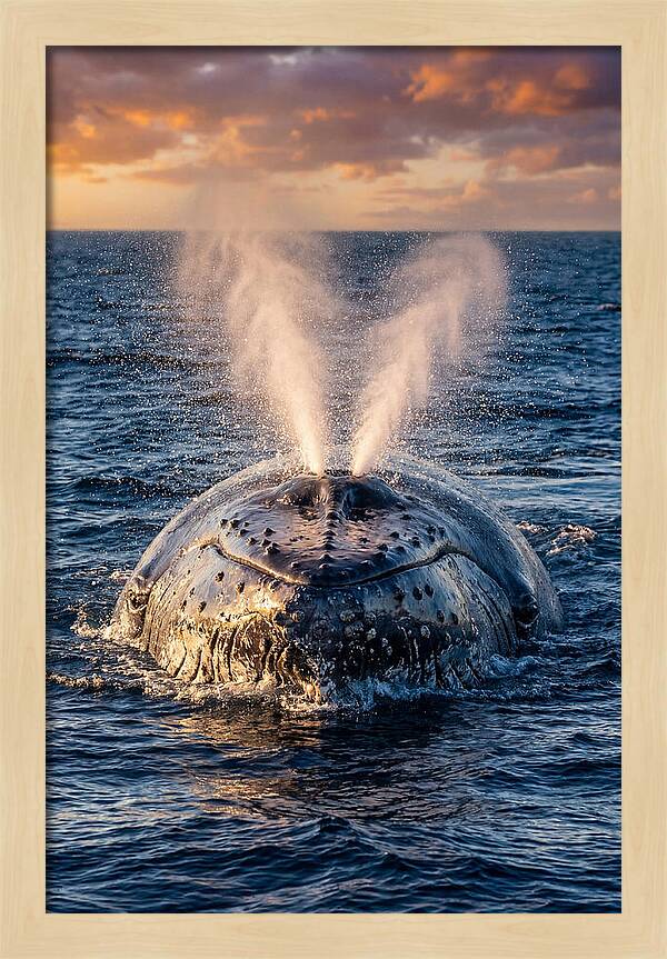 Blue Whale Surfacing At Sunset