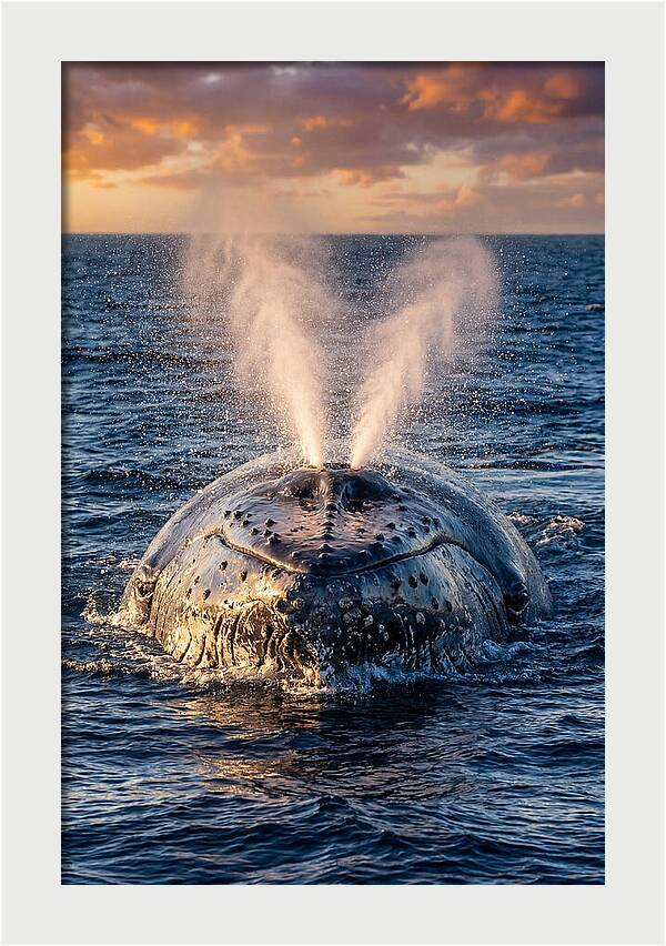Blue Whale Surfacing At Sunset