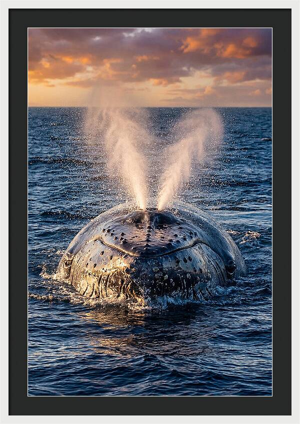 Blue Whale Surfacing At Sunset