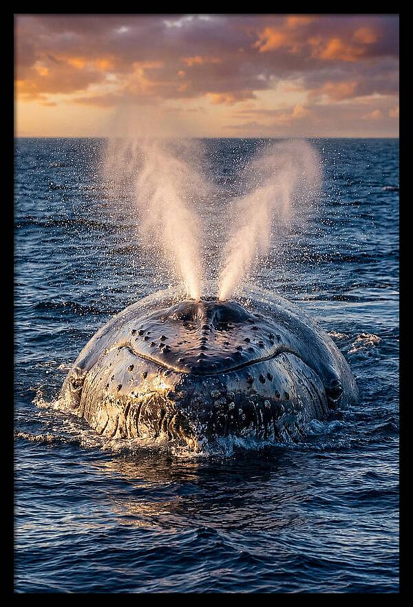 Blue Whale Surfacing At Sunset