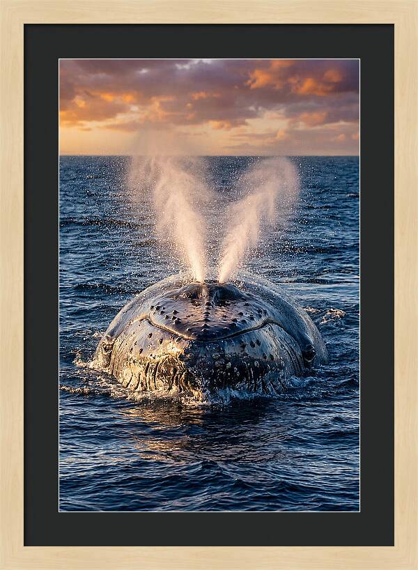 Blue Whale Surfacing At Sunset