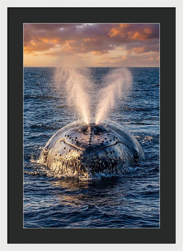 Blue Whale Surfacing At Sunset