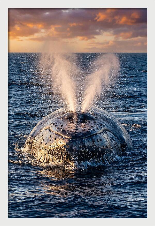 Blue Whale Surfacing At Sunset
