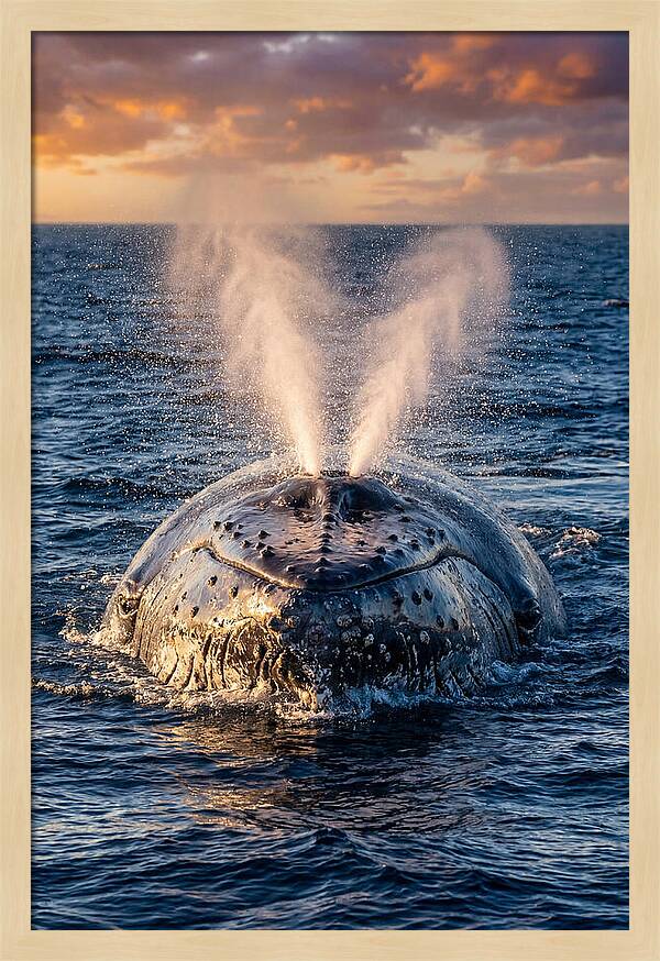 Blue Whale Surfacing At Sunset