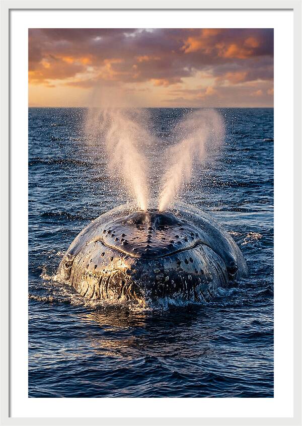 Blue Whale Surfacing At Sunset