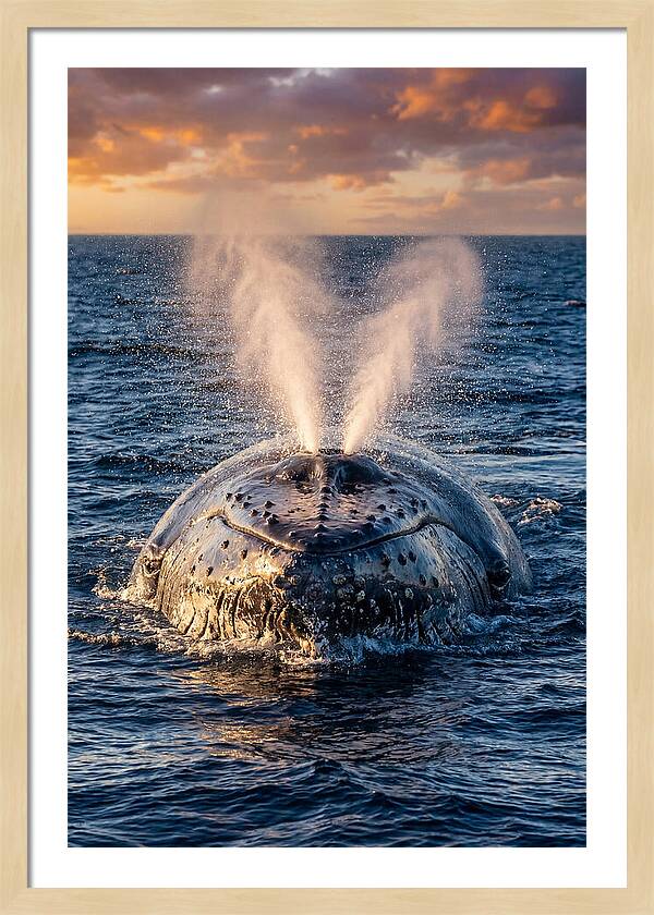 Blue Whale Surfacing At Sunset