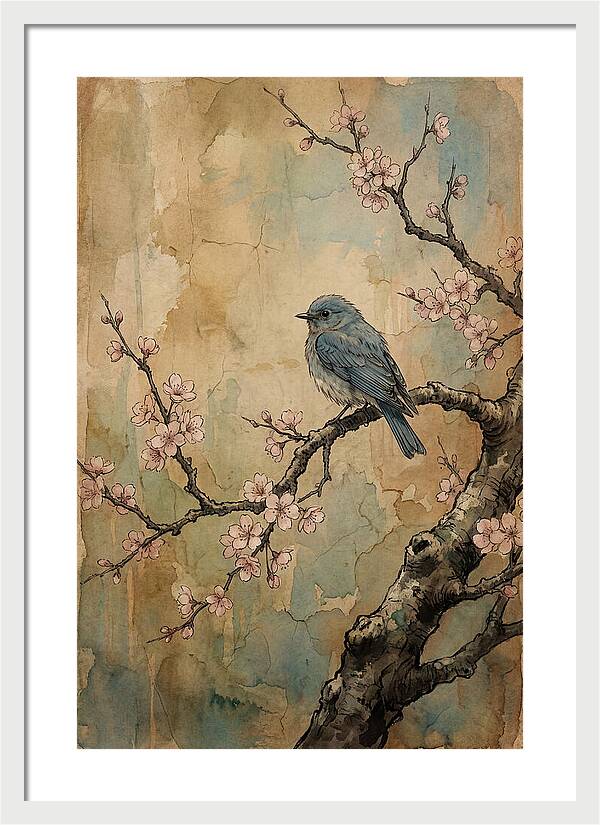 Bluebird Perched On Cherry Blossom