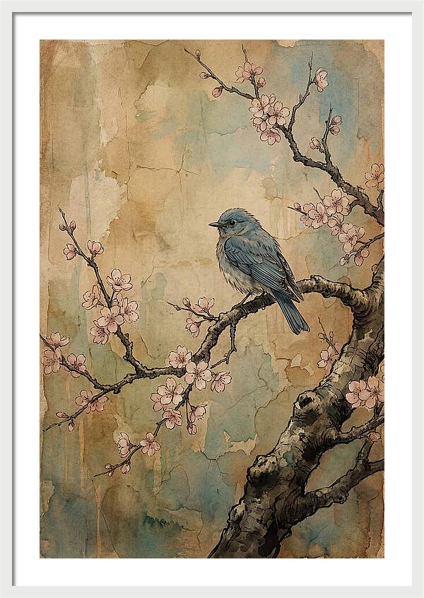Bluebird Perched On Cherry Blossom