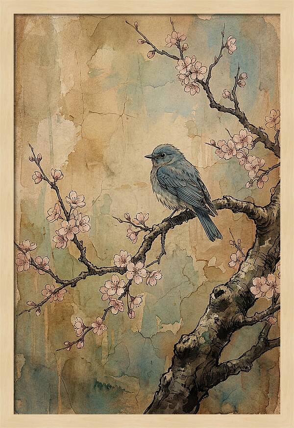 Bluebird Perched On Cherry Blossom