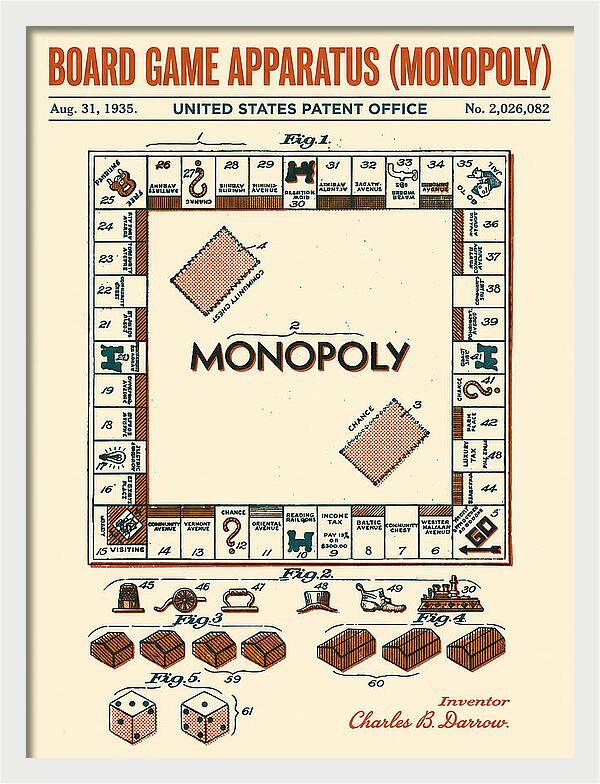 Board Game Apparatus Monopoly Retro Patent Us2026082a