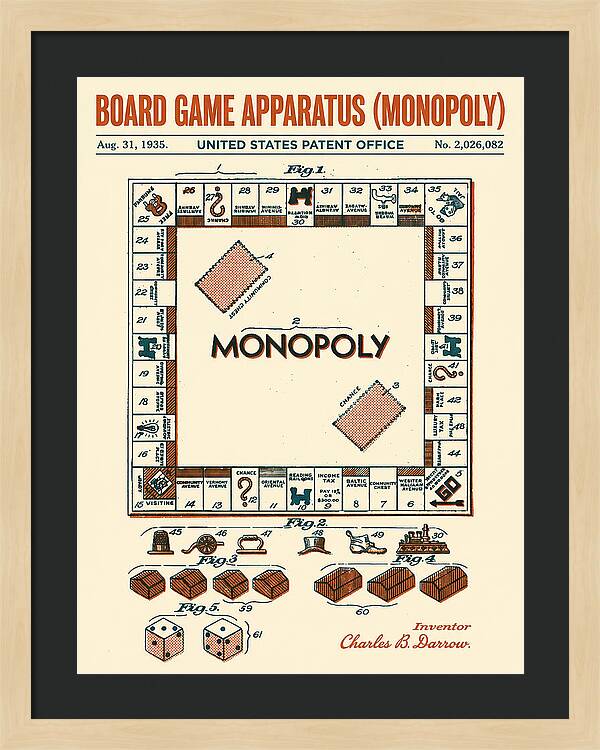 Board Game Apparatus Monopoly Retro Patent Us2026082a