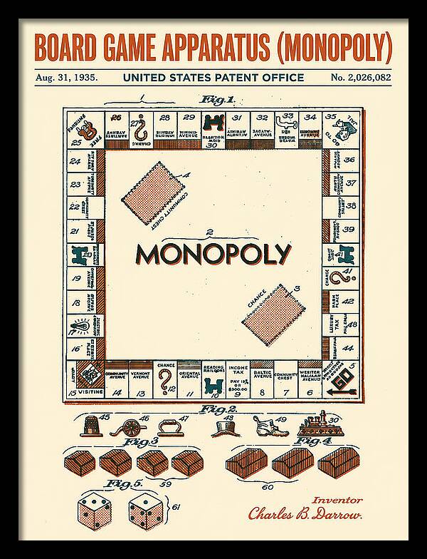 Board Game Apparatus Monopoly Retro Patent Us2026082a