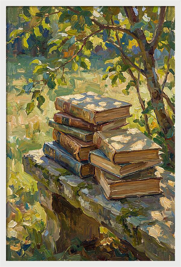 Books Stacked Under A Tree
