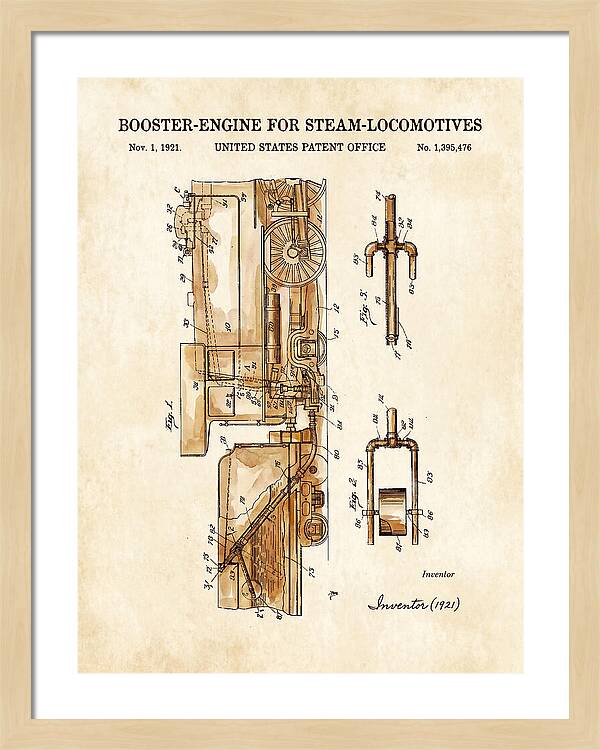 Booster Engine For Steam Locomotives Watercolor Patent Us1395476