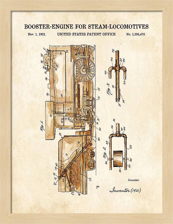 Booster Engine For Steam Locomotives Watercolor Patent Us1395476