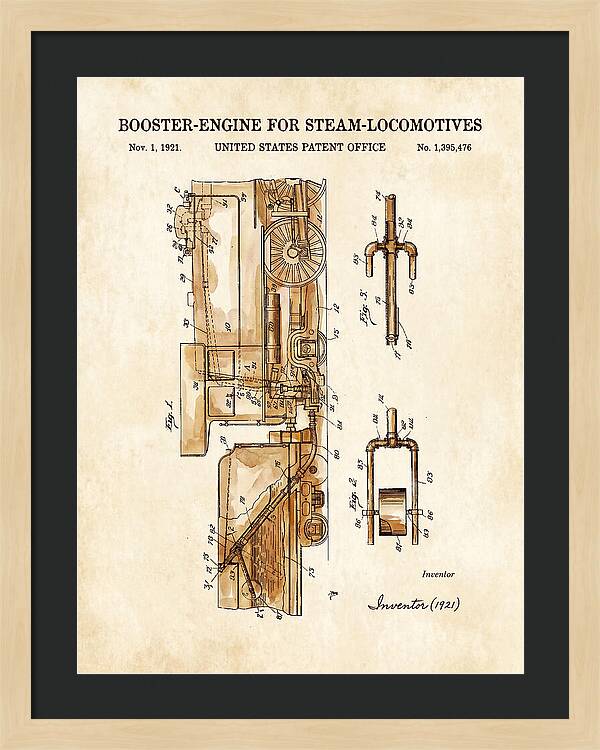 Booster Engine For Steam Locomotives Watercolor Patent Us1395476