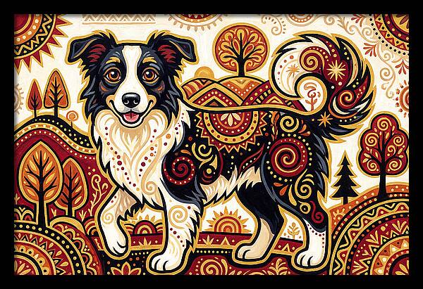 Border Collie In Folk Art Style