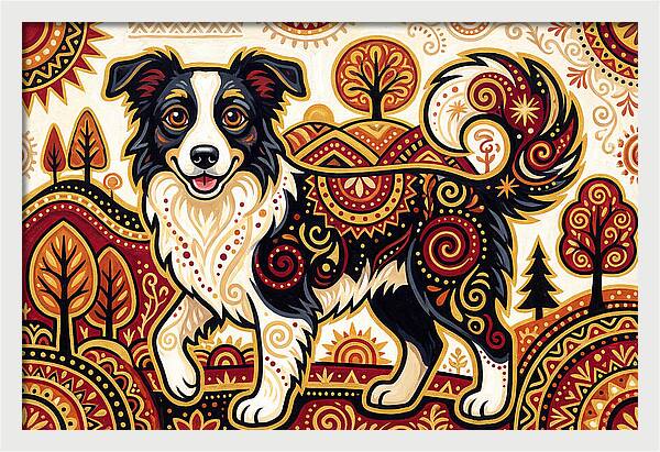 Border Collie In Folk Art Style