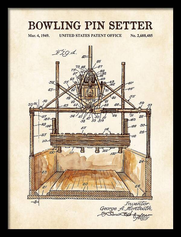 Bowling Pin Setter Watercolor Patent Us2688485a