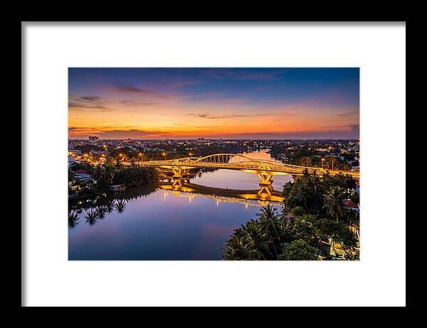 Bridge Over City River At Dusk
