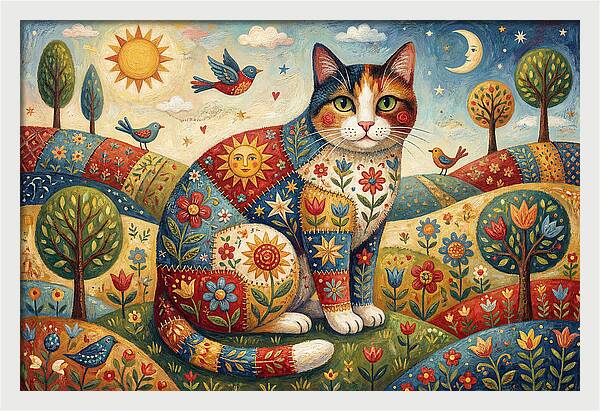 Calico Cat In A Colorful Landscape
