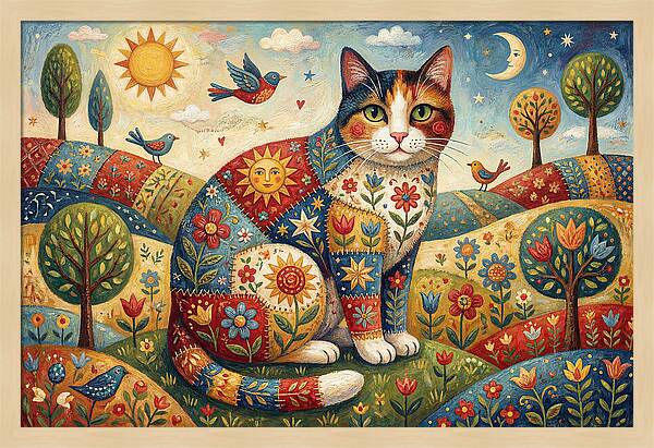 Calico Cat In A Colorful Landscape