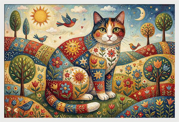 Calico Cat In A Colorful Landscape