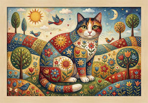Calico Cat In A Colorful Landscape