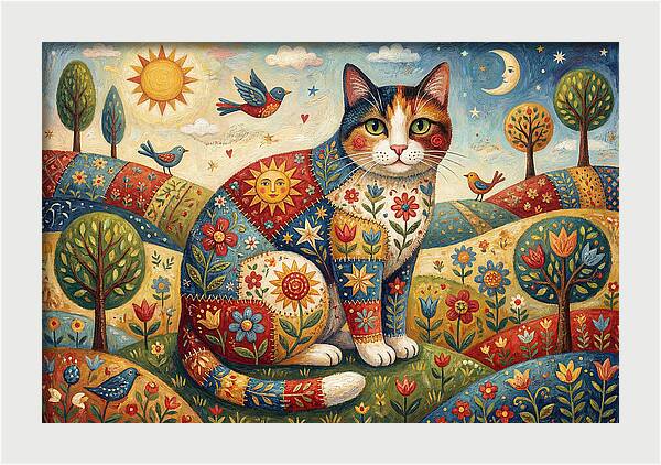 Calico Cat In A Colorful Landscape