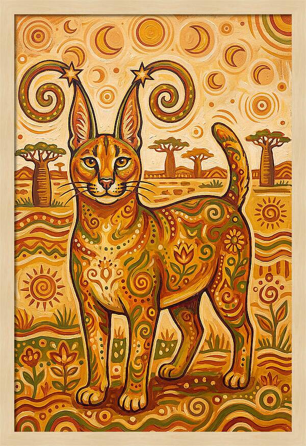 Caracal In Folk Art Style