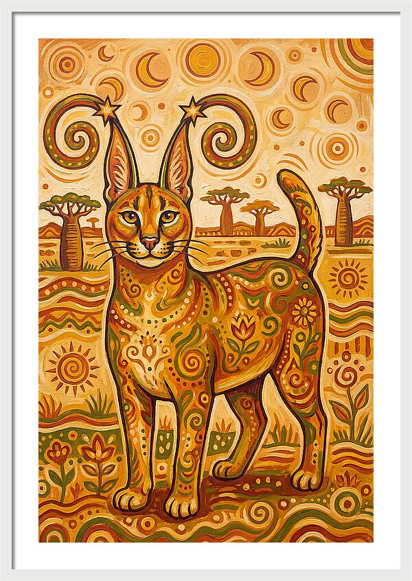 Caracal In Folk Art Style
