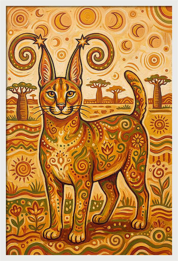 Caracal In Folk Art Style