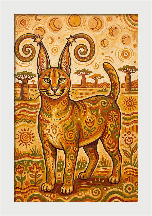 Caracal In Folk Art Style