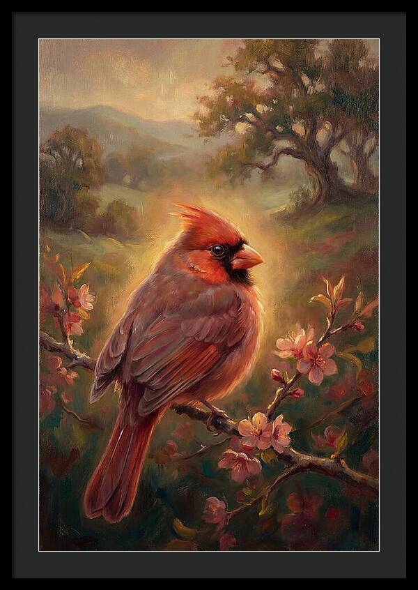 Cardinal Perched Among Blossoms