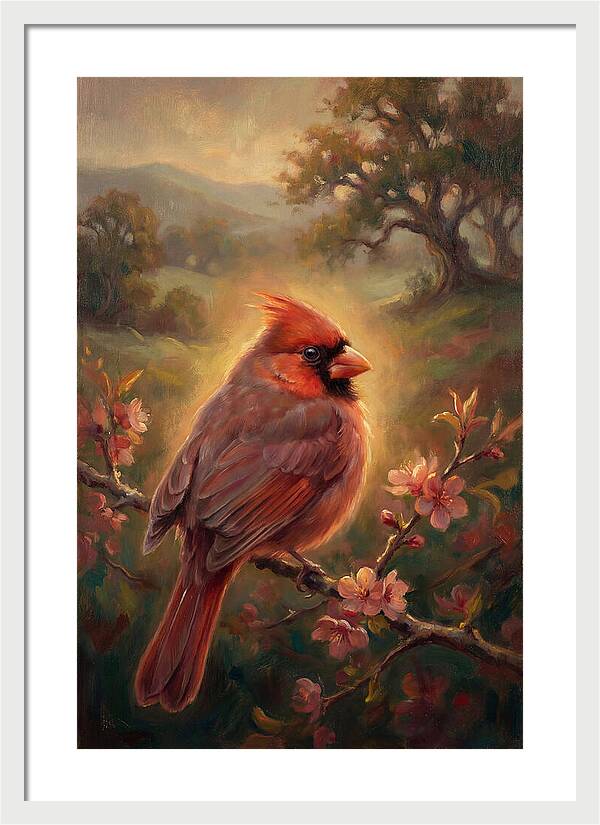 Cardinal Perched Among Blossoms