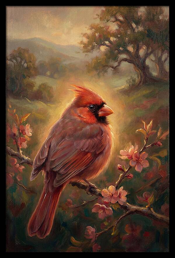 Cardinal Perched Among Blossoms