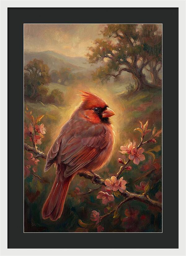 Cardinal Perched Among Blossoms