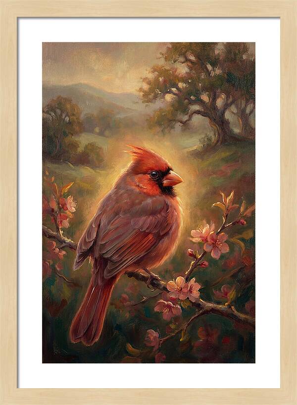 Cardinal Perched Among Blossoms