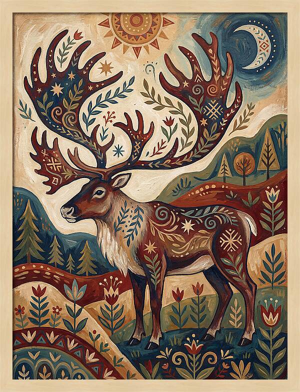 Caribou In Folk Art Style